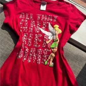 Y2K Disney Tinker Bell Red Graphic Tee Juniors L Fairy Star Shirt 2000s Baby Tee